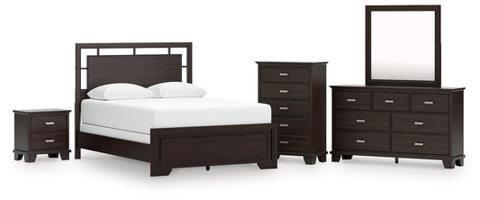 Covetown Queen Panel Bed with Mirrored Dresser, Chest and Nightstand