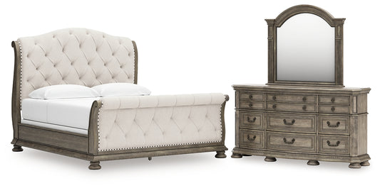 Ardenfield King Upholstered Sleigh Bed with Mirrored Dresser