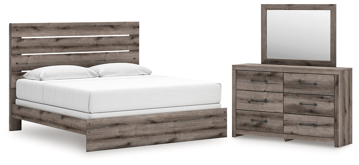 Graystorm King Panel Bed with Mirrored Dresser