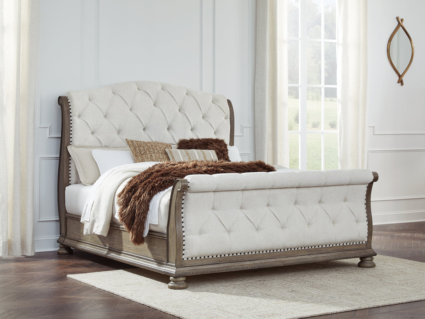 Ardenfield California King Upholstered Sleigh Bed with Mirrored Dresser