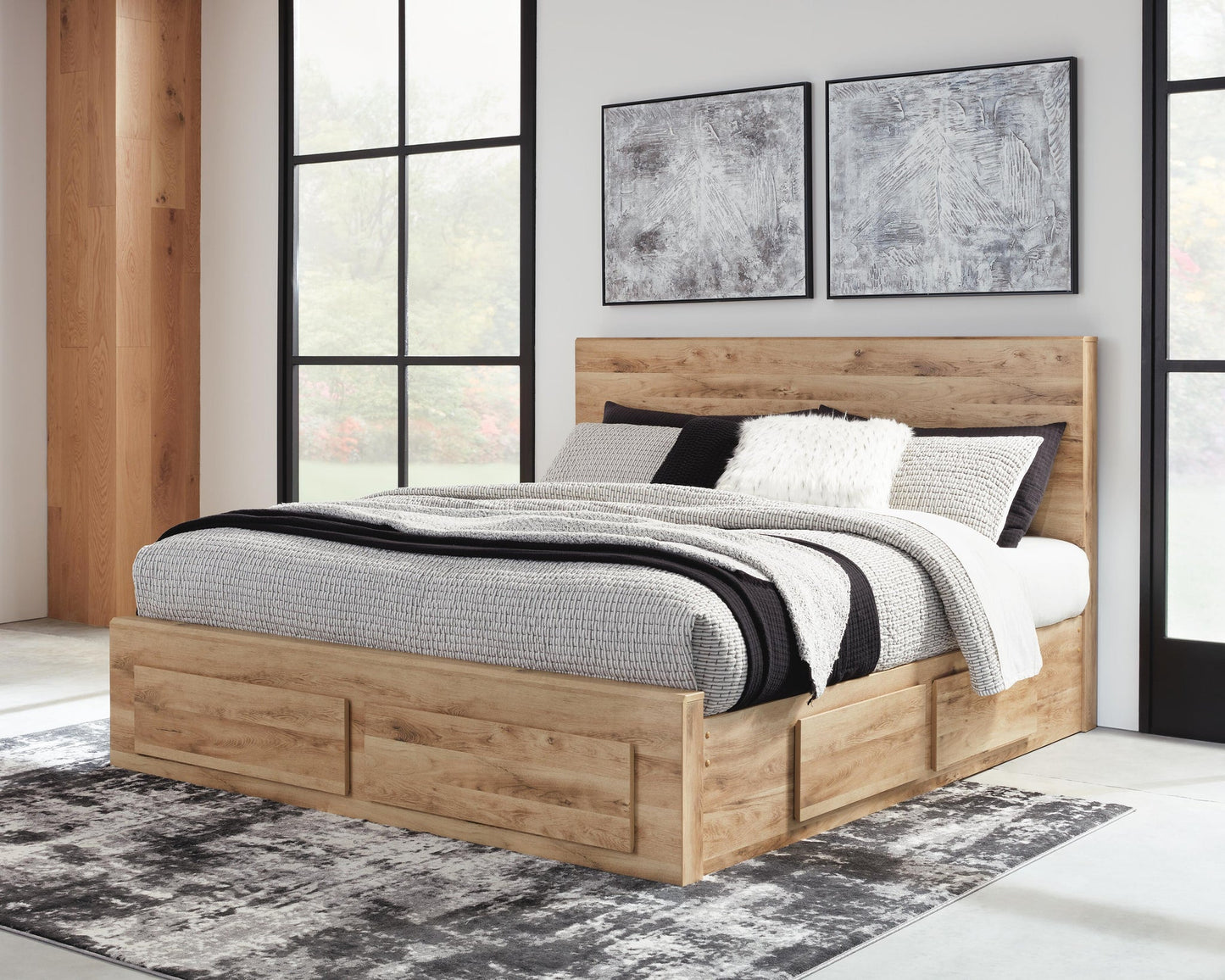 Hyanna Queen Panel Storage Bed with 1 Under Bed Storage Drawer, Dresser and Mirror